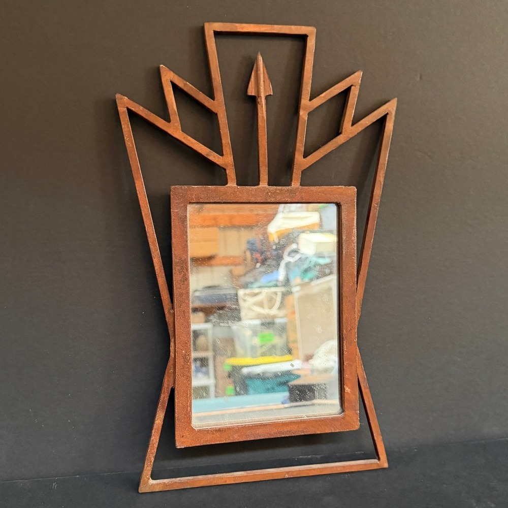 Vintage Southwest Metal Thunderbird Wall Mirror Rustic Copper Tone Geometric 12"